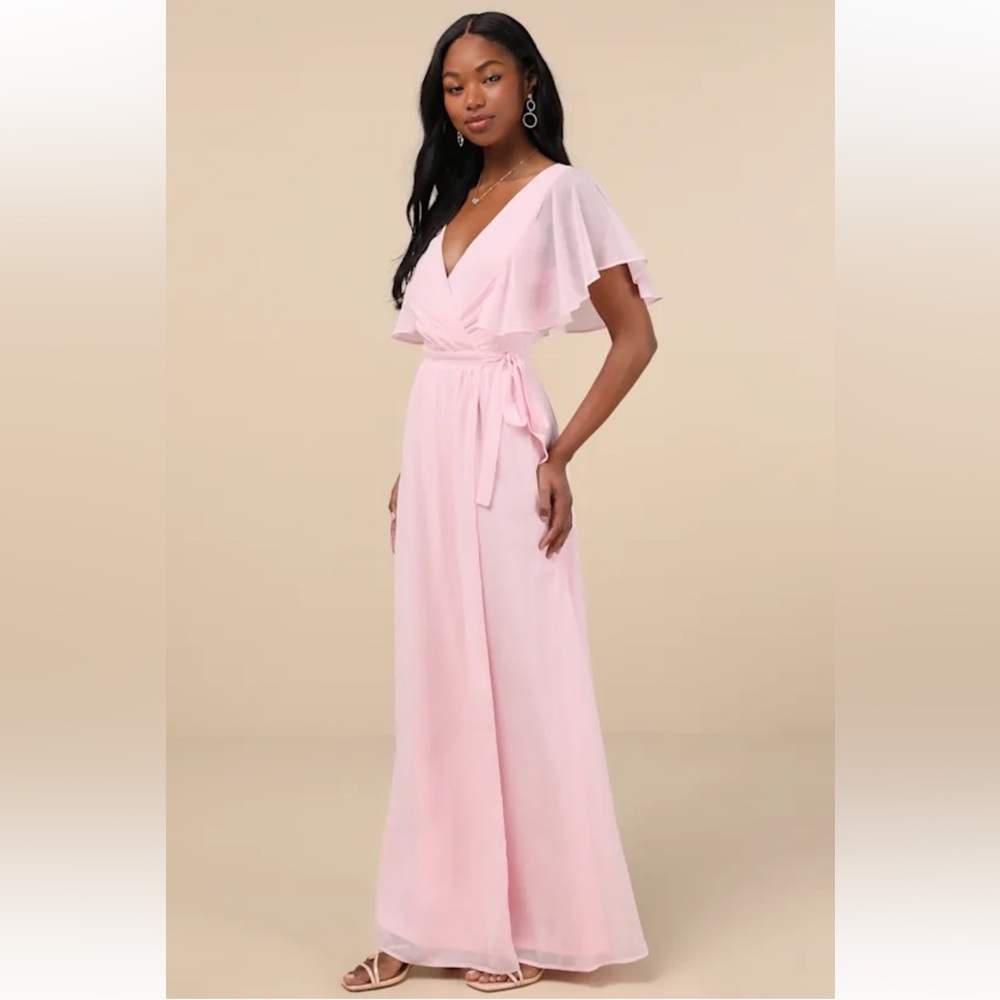 NWT Lulus “Convincing Grace” Light Blush Flutter Sleeve Wrap Maxi Dress - Picture 3 of 5